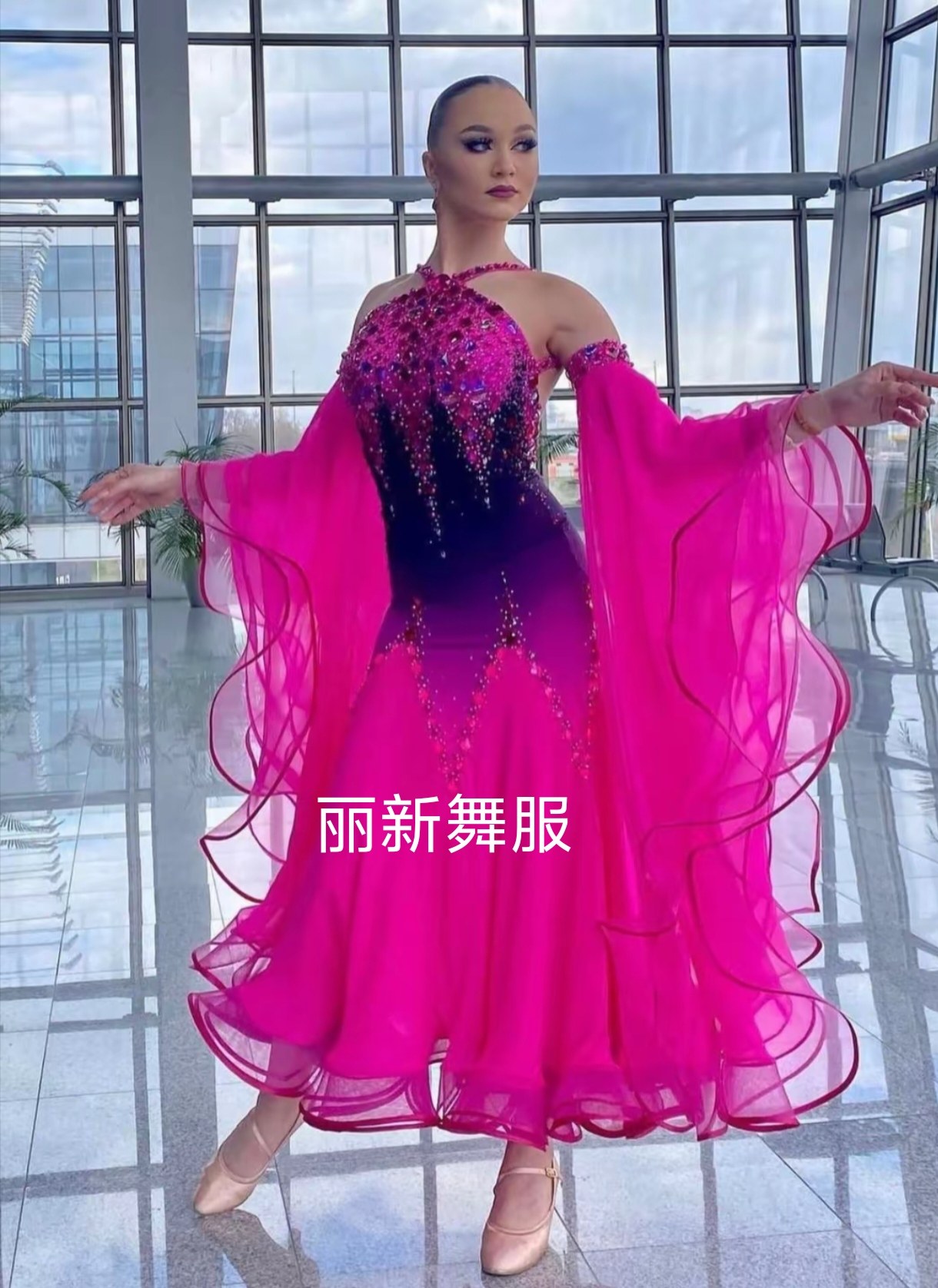 国标摩登舞蹈表演出比赛服大摆连衣裙玫红色花服喇叭袖