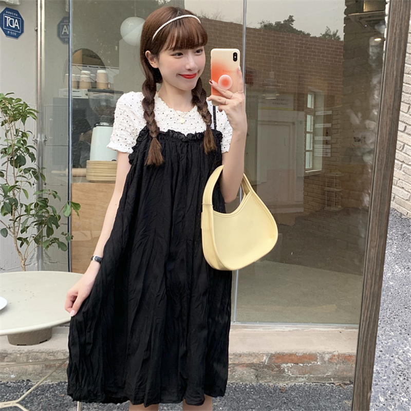 Real price Polka Dot T-shirt pleated short sleeve round neck top + fashionable and versatile pure pleated suspender dress
