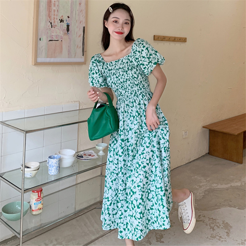 Real shot real price Korean square collar two wear floral dress design sense show thin green summer new A-line long skirt