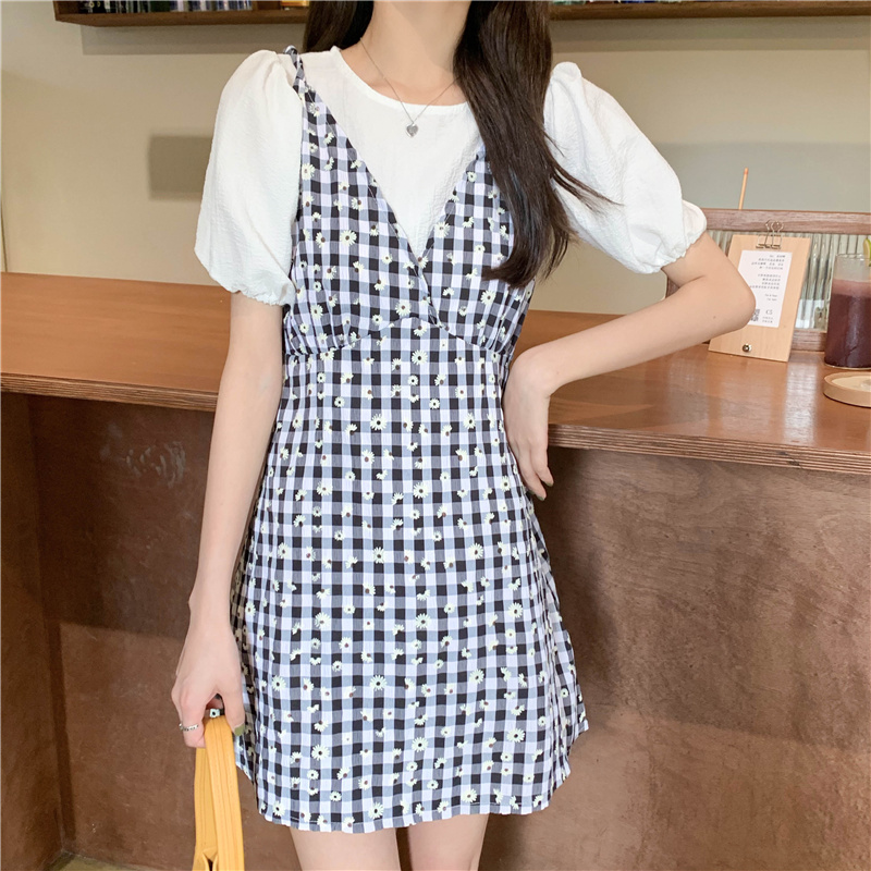 Real price Plaid suspender dress women's summer age reduction small height + bubble sleeve top two piece set