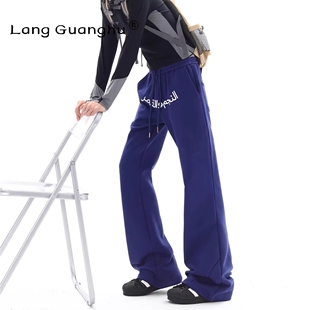 美式阿拉伯文刺绣藏蓝卫裤男女春季潮牌美式运动显瘦微喇休闲长裤