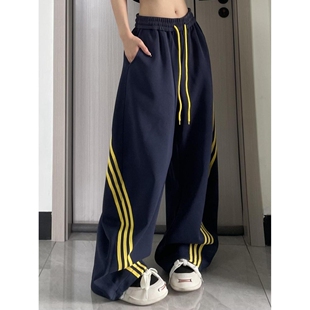 爵士跳舞裤 春季 宽松阔腿垂感弯刀裤 复古三条杠黑色休闲卫裤 子 美式