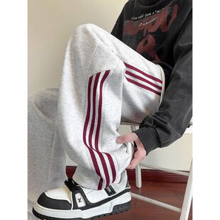 青少年酷帅裤子男款春季三杠条纹运动卫裤美式复古直筒阔腿休闲裤