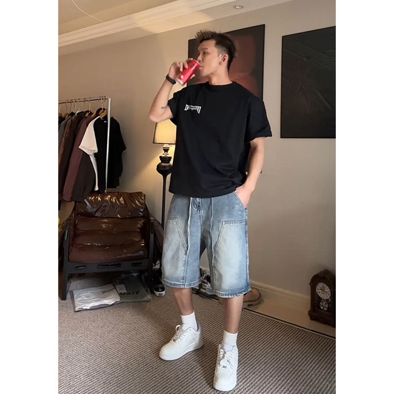 复古蓝铆钉工装牛仔短裤男夏季潮牌美式vibe裤子高级感痞帅五分裤