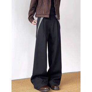 男高级感宽松百搭阔腿休闲直筒裤 纹拼接黑色西裤 高街老钱风格 美式
