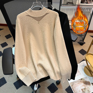 设计感拼蕾丝加绒加厚针织衫 时尚 显瘦半高领保暖毛衣2672 女装 大码