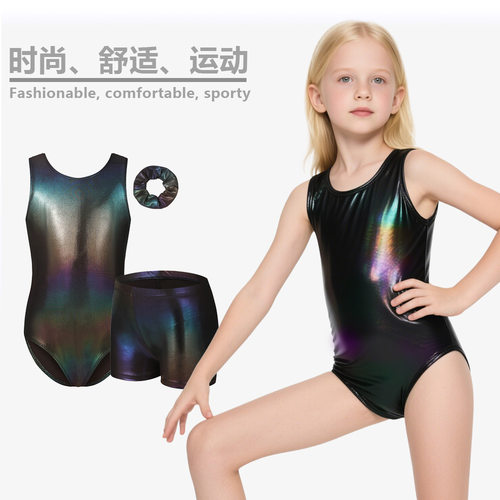 烫金舞蹈服女童芭蕾服儿童体操服表演服紧身衣连体衣短裤头三件套
