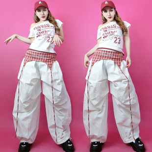 爵士舞女孩跳舞套装白色直筒阔腿弯刀裤嘻哈街舞练功裤叠穿休闲裤