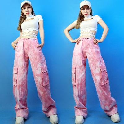 爵士跳舞套装扎染水洗口袋工装裤