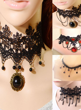 欧美复古蕾丝黑色宝石流苏锁骨链