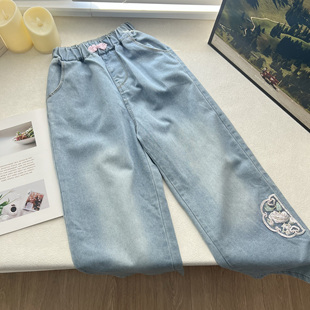 140-170 30A秋装童装新款直筒阔腿女童裤子中大童装长裤牛仔裤