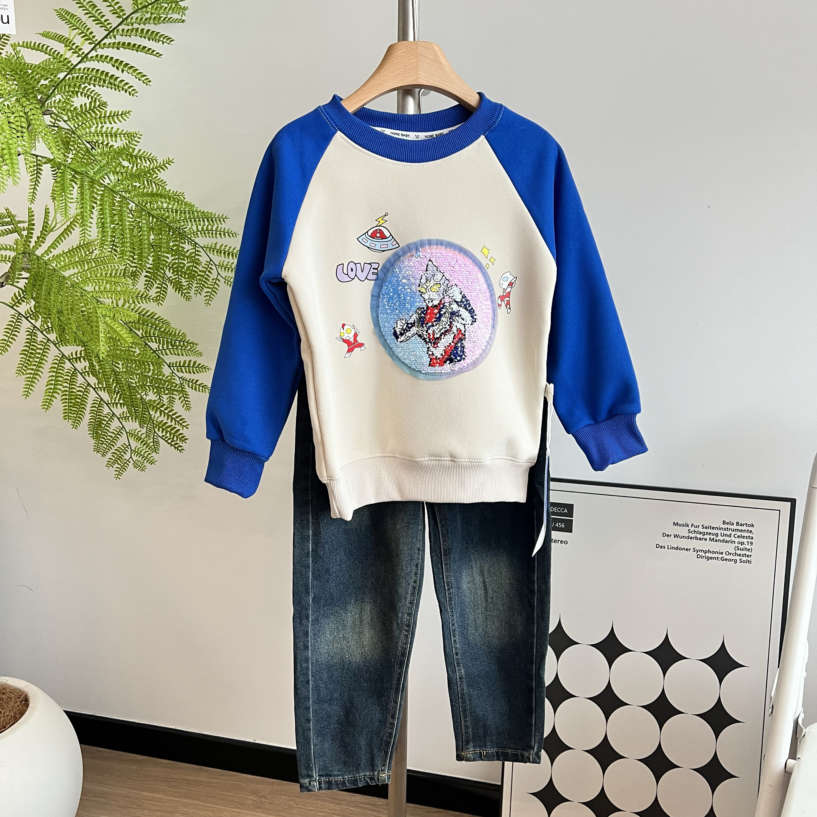 一体绒2025新款男童酷炫水洗亮片粉色 奥利绒儿童运动抓绒卫衣