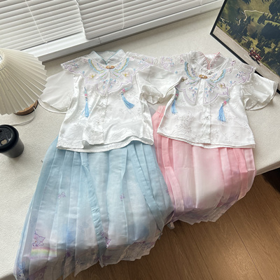 13A中国风新中式夏季新款雪纺刺绣薄款女童套装裙子 100-130