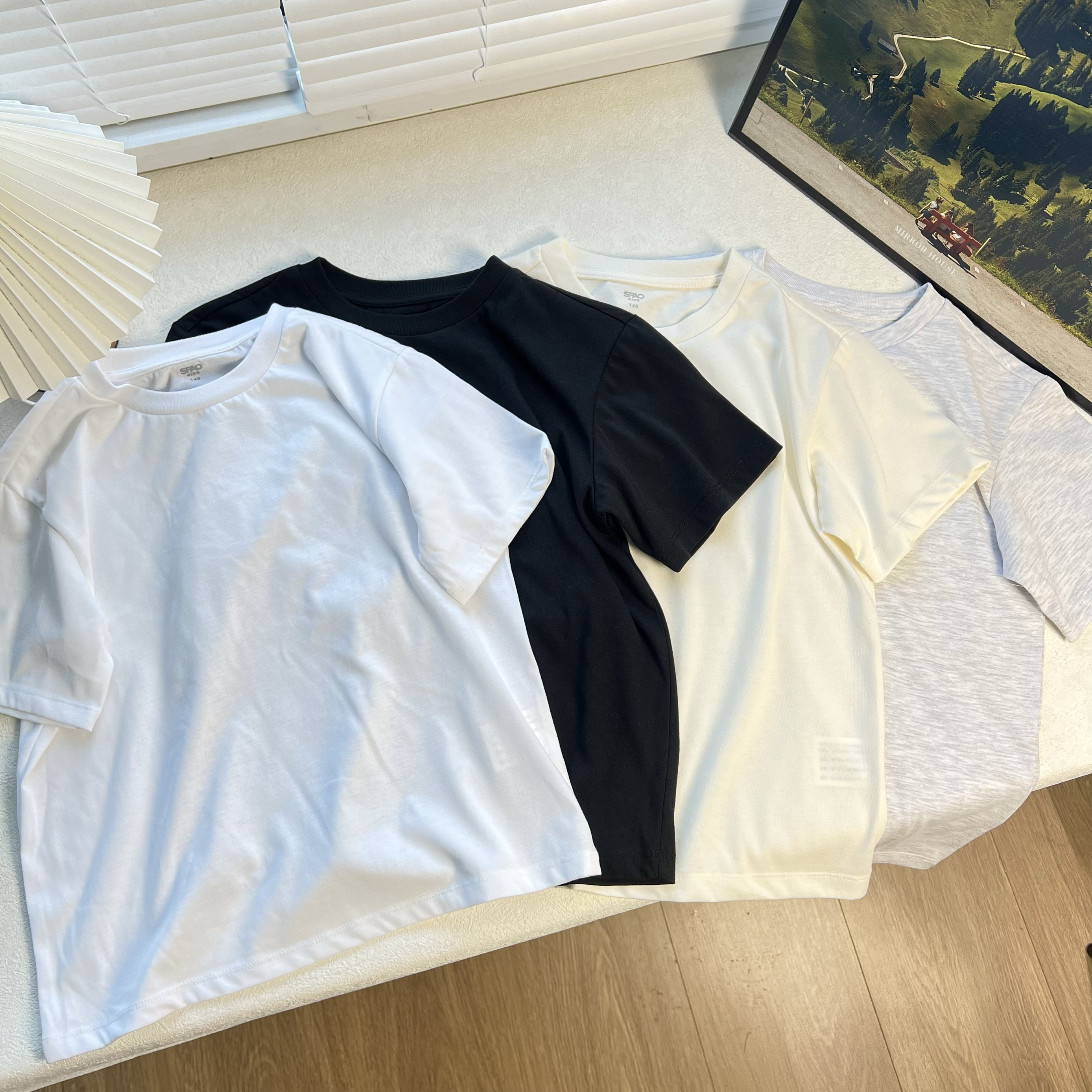 16B纯色新疆棉男女童中大童光版短袖素色活动圆领上衣T恤100-160