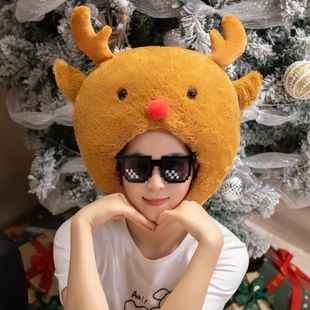 可爱卡通搞怪卖萌ins圣诞节麋鹿驯鹿帽子头套网红抖音拍照道具