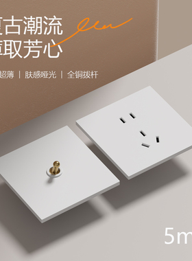 PC超薄开关插座面板86型家用一开五孔插座黄铜拨杆复古风插座白色