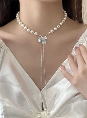 珍珠白色项链颈链女蝴蝶设计款抽拉式项链女一款多戴2025年新款潮