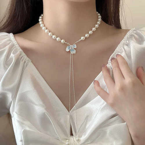镶钻花瓣珍珠白色项链颈链抽拉式