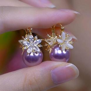 轻奢高级感双面花瓣紫珠耳扣秋冬新款百搭气质时尚耳坠正反戴耳饰