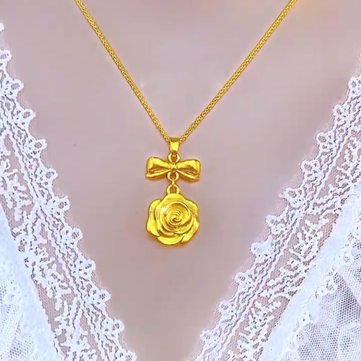 金色蝴蝶结玫瑰花吊坠项链时尚女