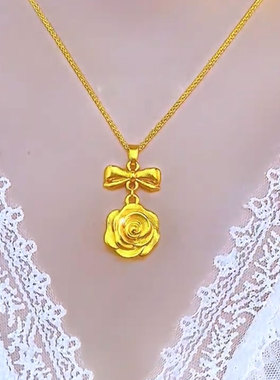 金色蝴蝶结玫瑰花吊坠项链时尚女