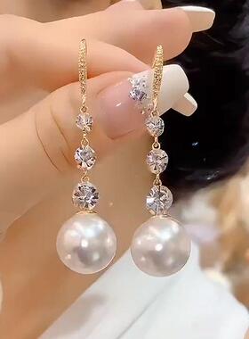 高端气质耳环长款流苏锆石水滴珍珠耳坠时尚小众设计感显脸瘦耳饰