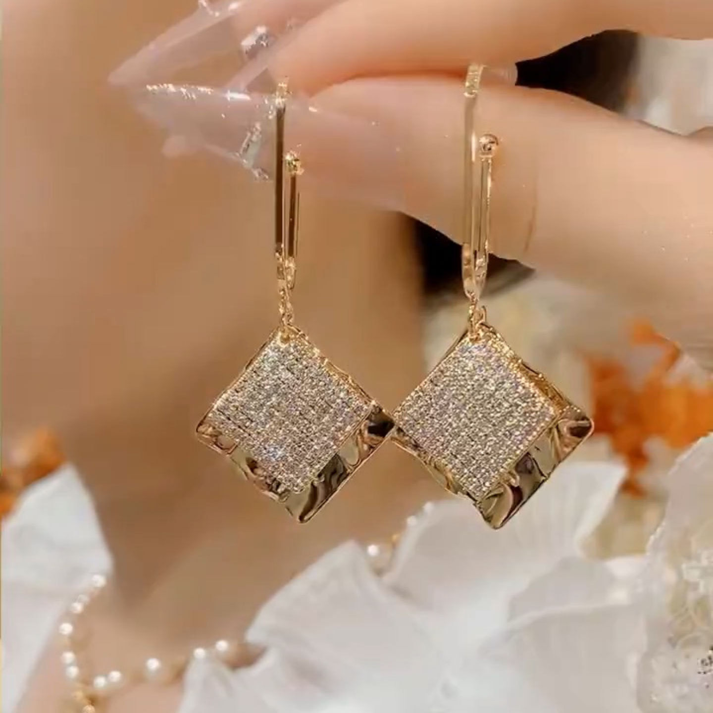 超闪双层菱形满钻金色耳钉百搭女