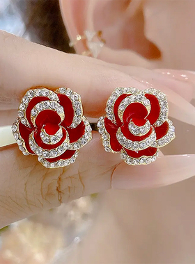 925纯银针轻奢高级感民族风红色山茶花耳钉精致玫瑰花瓣耳饰耳环