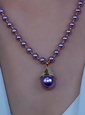 小众设计感紫色叶子锆石项链