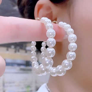 日韩女神范大圈珍珠白色耳环气质名媛风小众耳坠夸张个性轻奢耳饰