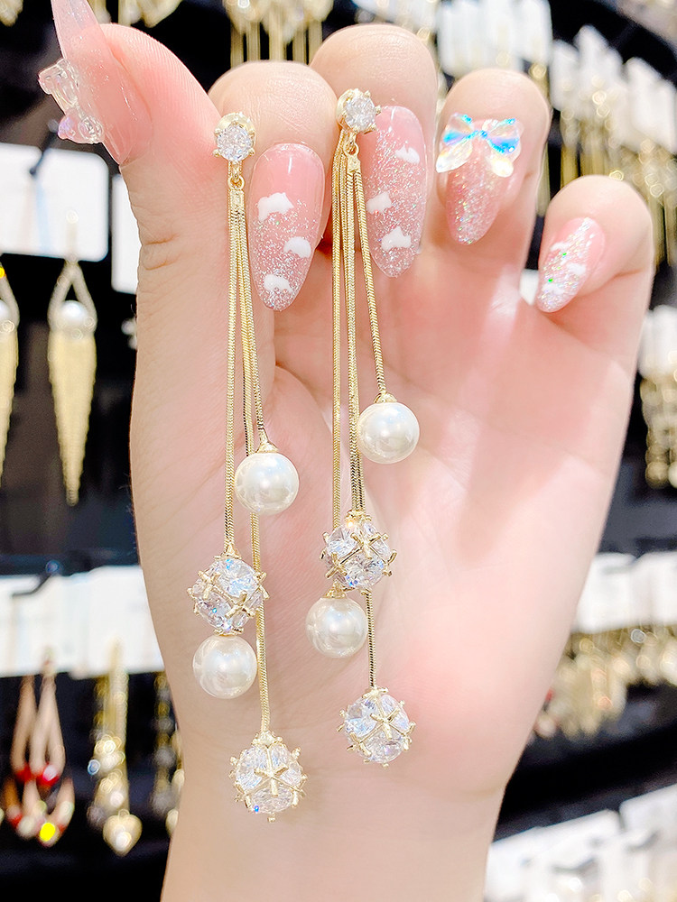 韩国气质锆石耳钉女后挂式一款两戴长款珍珠流苏耳环简约百搭耳饰