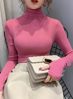 绿色指套高领打底衫女秋冬连手套袖子的t恤贴身手指洞打底衣套指