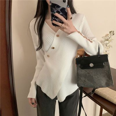不规则交叉设计感V领内搭打底衫女早秋高级感针织衫修身显瘦上衣