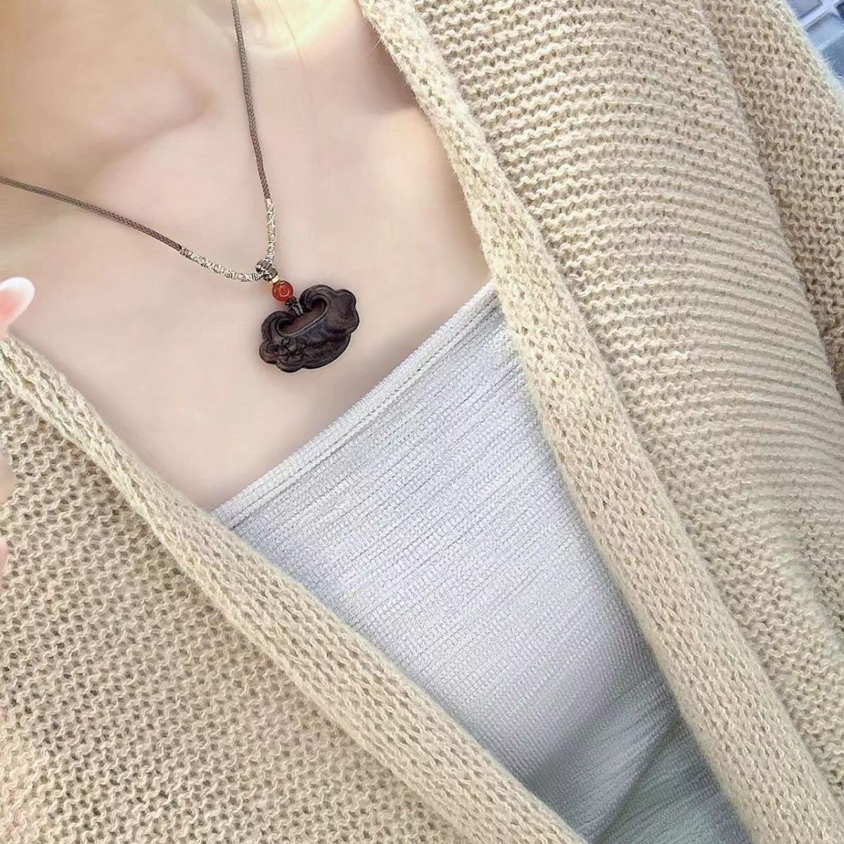 沉香木荷花风吊雕刻锁平安天然简约毛衣可坠长短文艺