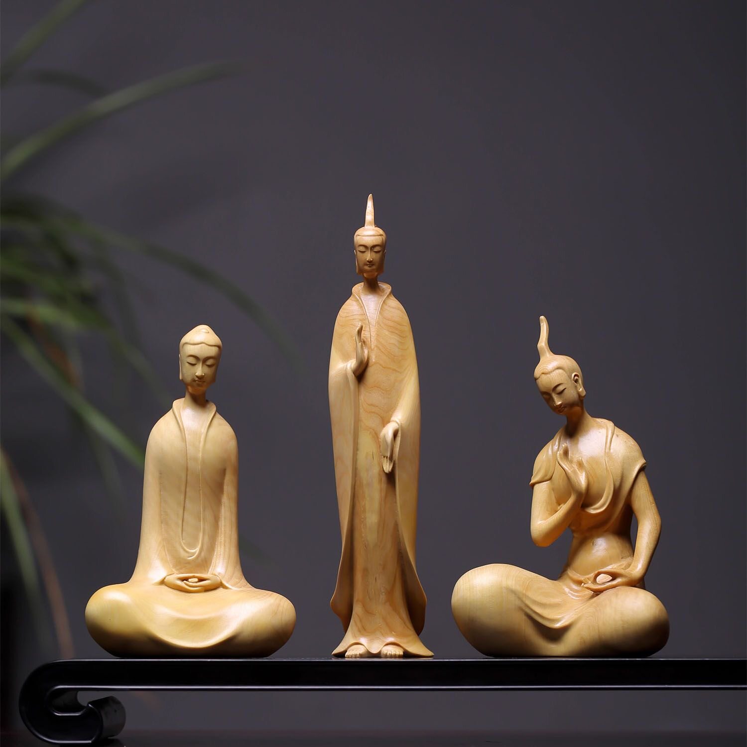 正宗小叶黄杨木精雕刻北魏三圣佛像禅意桌面摆件家居装饰品工艺品