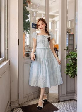 On.dece 泰国品牌 甜美温柔奶蓝色小飞袖方领花边收腰连衣裙长裙