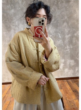 YIMIAN  质感优雅一路繁花新中式立领盘扣提花刺绣宽松棉衣26086