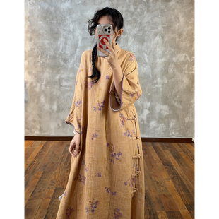 YIMIAN 春藤漫东方松弛感国风斜襟手工缠线花苞盘扣连衣裙290535