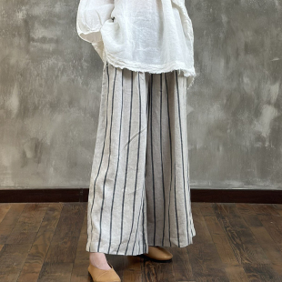 YIMIAN 2115 复古色织亚麻简约条纹高腰宽松阔腿直筒裤