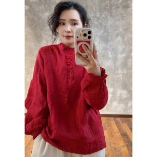 YIMIAN 国风优雅苎麻重工立体刺绣文艺慵懒感双层上衣26094