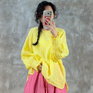 YIMIAN 宽松上衣21203 简约美学春日出游百搭亚麻圆领花边袖