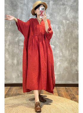 YIMIAN 明媚盛夏色织汉麻原创定制风琴褶皱V领设计连衣裙26064