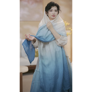 YIMIAN 百搭减龄围巾23784 上新定制文艺渐变蓝洋气飘逸长款