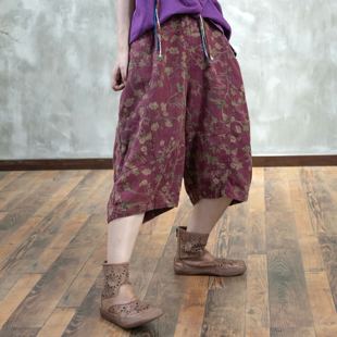 YIMIAN 子2624306 小众文艺酒红花韵雅宽松裤