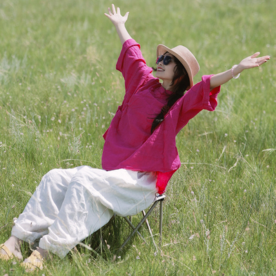 YIMIAN 明媚柔和亚麻“一抹嫣红”新中式禅意层次感上衣2625310