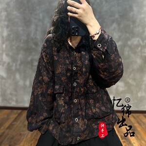 忆绵出品23年秋装29186上新复古亚麻印花口袋外套