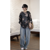 YIMIAN 子26089 复古高级设计感洋气拼接宽松显瘦弯刀牛仔裤