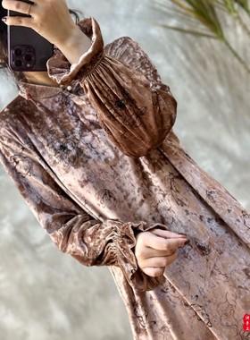 YIMIAN 春款轻奢贵气印花百搭花边袖显瘦气质连衣裙27269