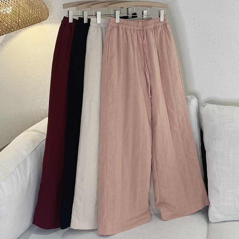 YIMIAN  复古高腰抽绳纯色休闲阔腿加棉百搭显瘦直筒裤子29296