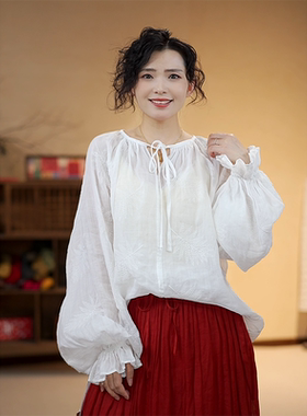 YIMIAN  清新甜美苎麻提花刺绣圆领系绳灯笼袖上衣2114